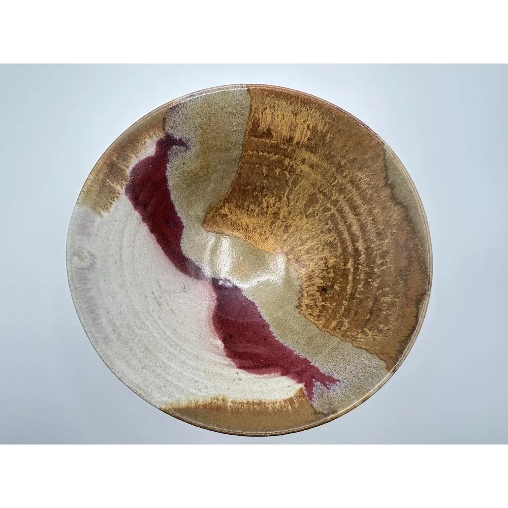 Artist‑Signed Handmade Pottery Bowl — Multicolor Earth‑Tone Glaze